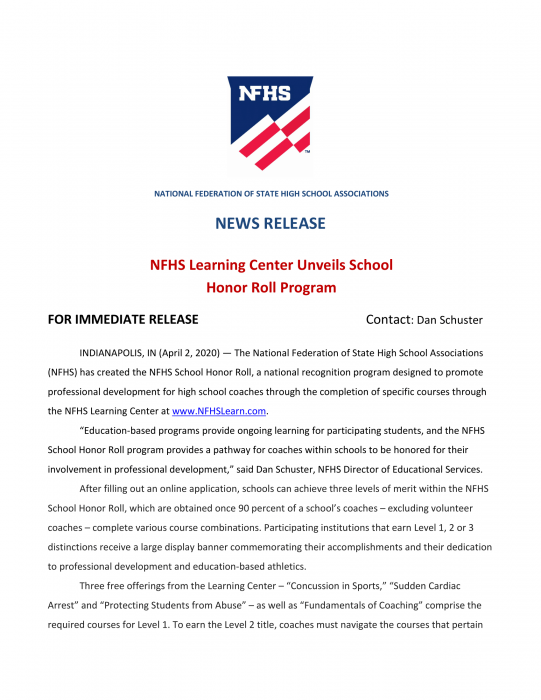 NFHS Learning Center Unveils School  Honor Roll Program