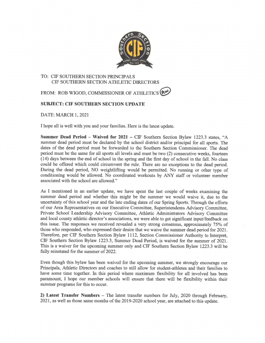 CIF Southern Section Update: March 1, 2021