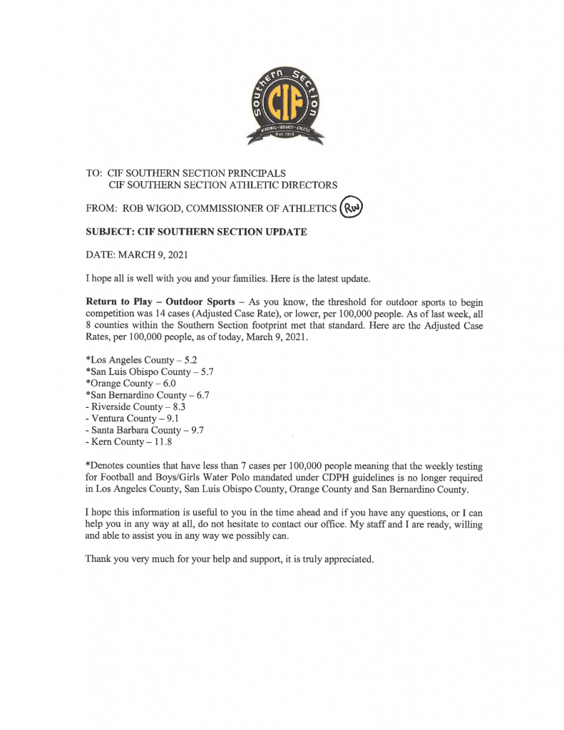 CIF Southern Section Update: March 9, 2021
