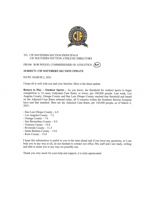 CIF-SS Commissioners Update: March 3, 2021
